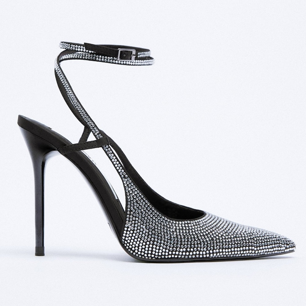 ZARA RHINESTONE ANKLE STRAP WRAP AROUND HEEL MULES